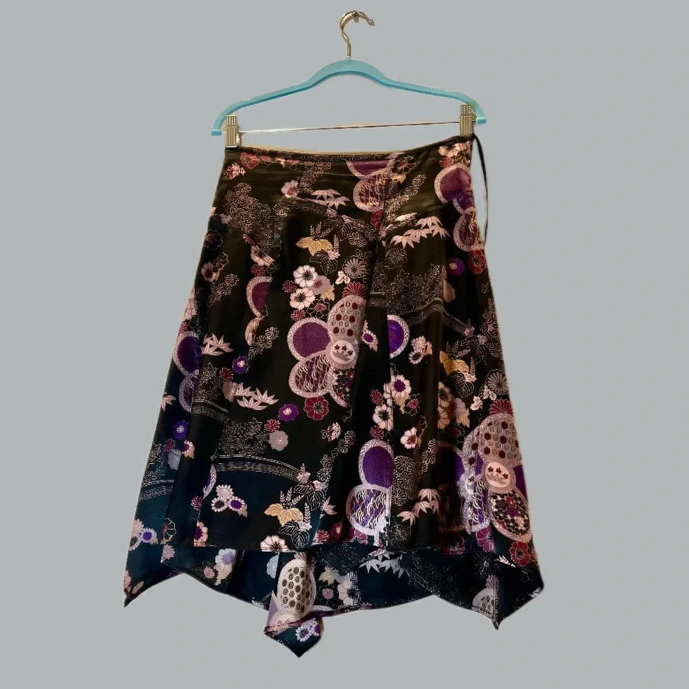 Mixit Black Purple Floral Asymmetrical Midi Skirt Satin Hanky Hem Size 4